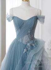 A-Line Blue Tulle Long Party Dress With Lace, Off Shoulder Tulle Semi Formal Prom Dress